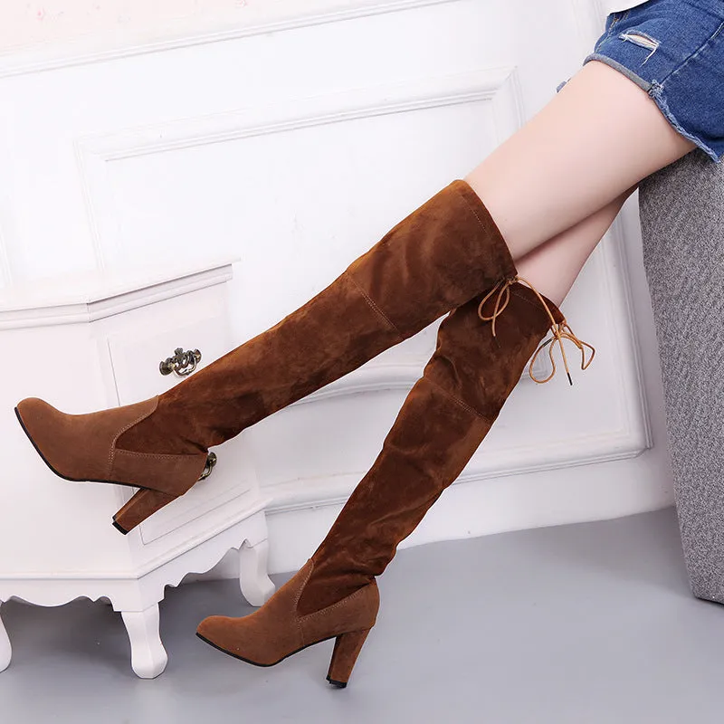 Black knee high boots for women with thick heel and round toe