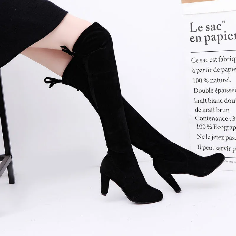 Black knee high boots for women with thick heel and round toe