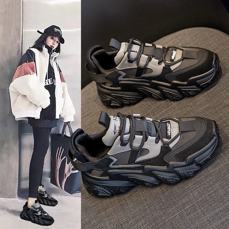 Women's black thick-sole sports casual shoes with round toe and cow leather upper