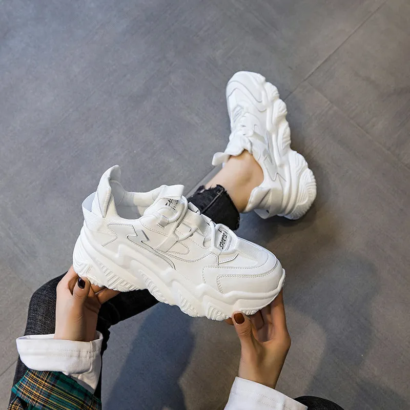 Women's black thick-sole sports casual shoes with round toe and cow leather upper