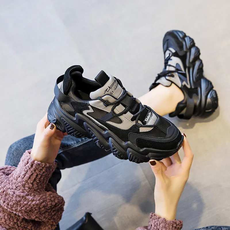 Women's black thick-sole sports casual shoes with round toe and cow leather upper