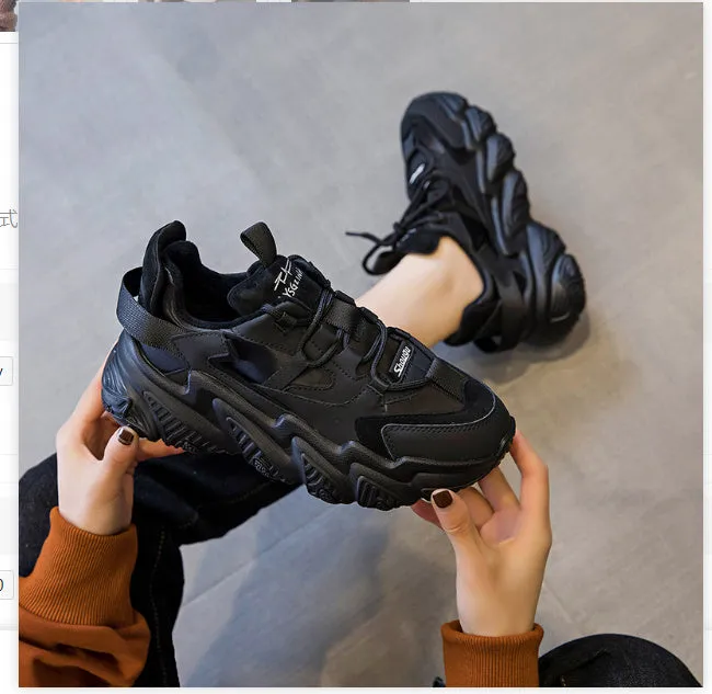 Women's black thick-sole sports casual shoes with round toe and cow leather upper