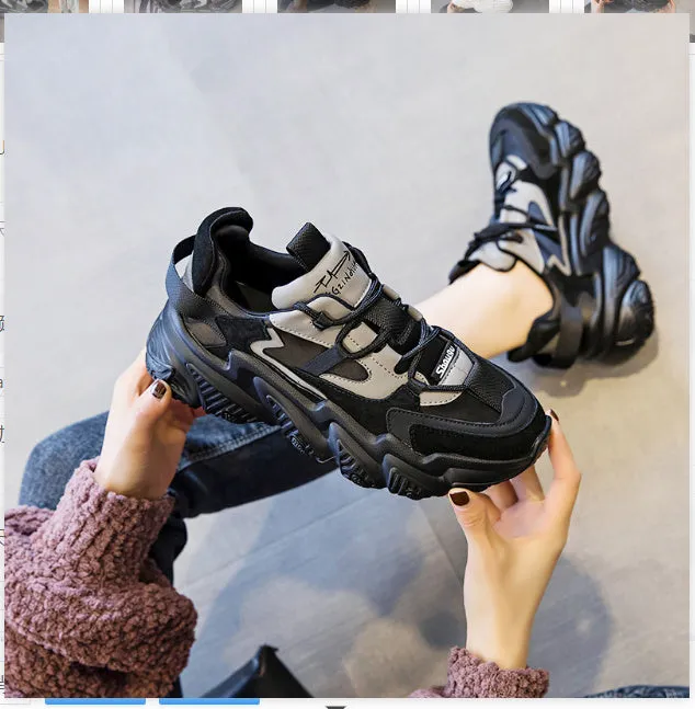 Women's black thick-sole sports casual shoes with round toe and cow leather upper