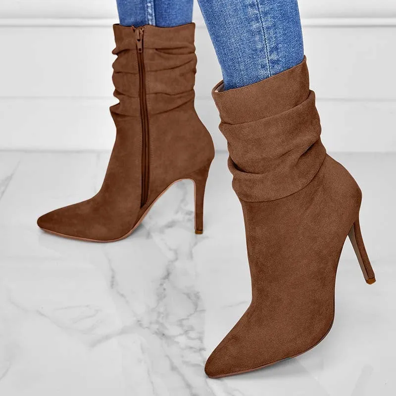 Women's pointed toe stiletto heel ankle boots with side zipper, suede upper, in black colour, car suture detailing