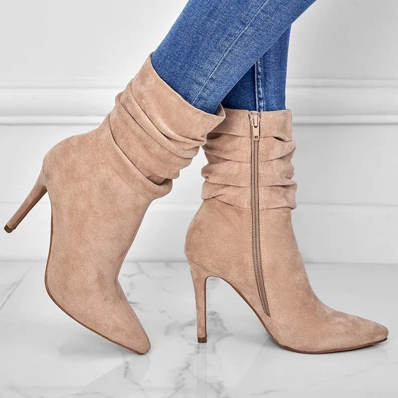 Women's pointed toe stiletto heel ankle boots with side zipper, suede upper, in black colour, car suture detailing