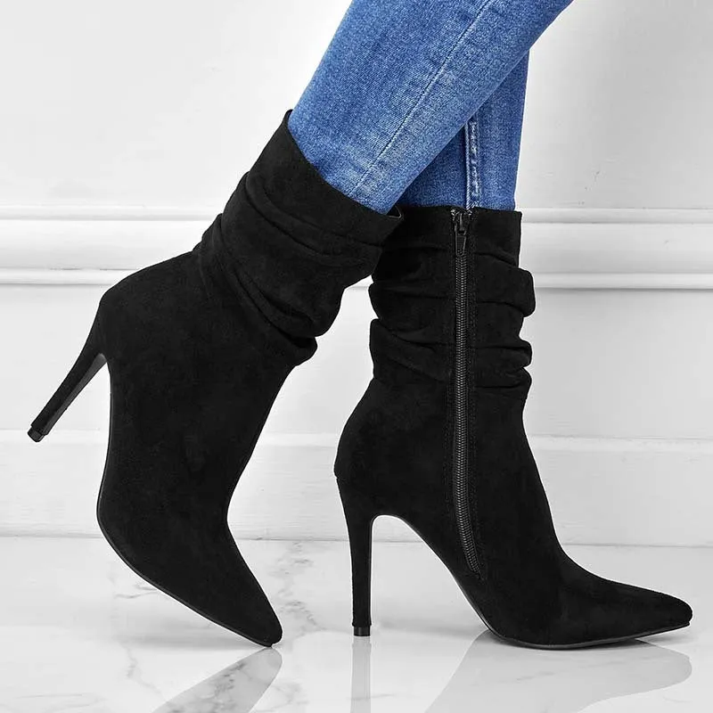Women's pointed toe stiletto heel ankle boots with side zipper, suede upper, in black colour, car suture detailing