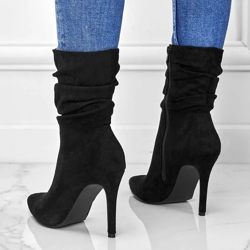 Women's pointed toe stiletto heel ankle boots with side zipper, suede upper, in black colour, car suture detailing