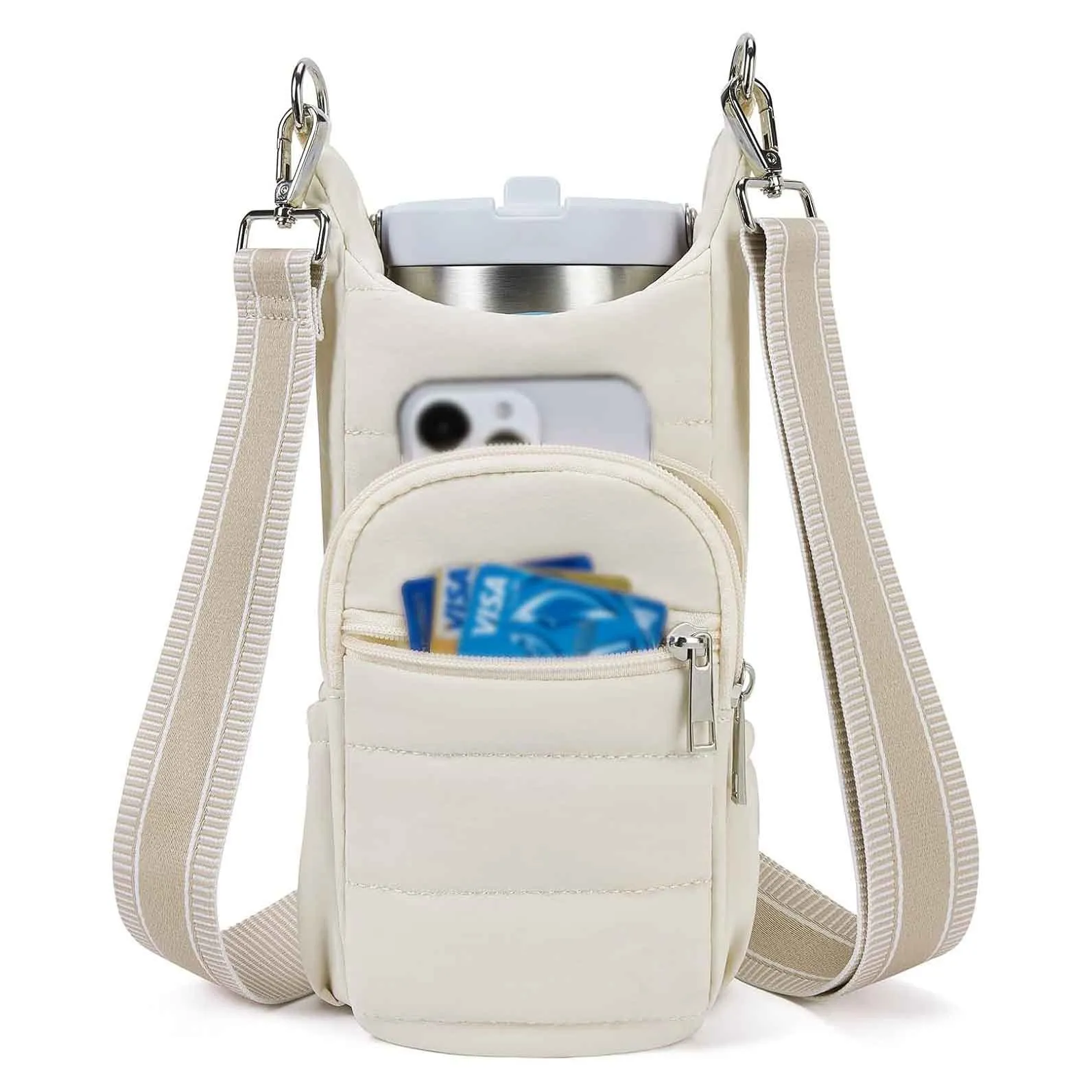 Cycling water bottle kettle bag mounted on bicycle frame in beige colour