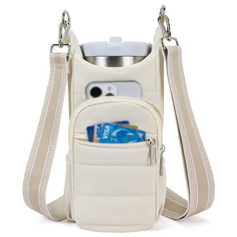 Cycling water bottle kettle bag mounted on bicycle frame in beige colour