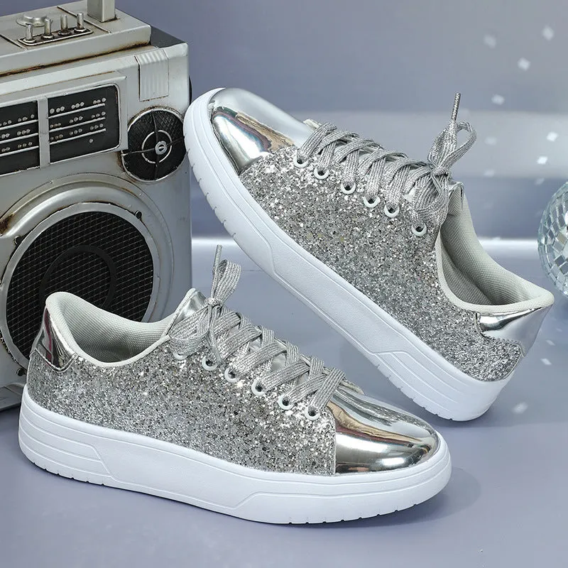 Glitter sequin thick-soled lace-up flats shoes for women in black, blue, pink, rose red, or silver with round toe and low upper