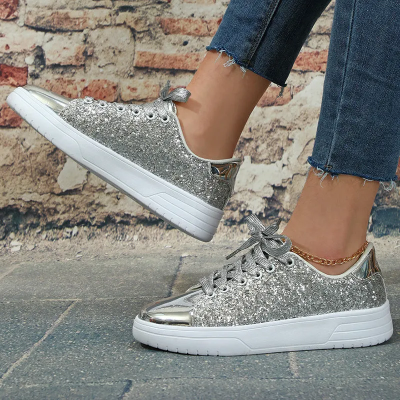 Glitter sequin thick-soled lace-up flats shoes for women in black, blue, pink, rose red, or silver with round toe and low upper