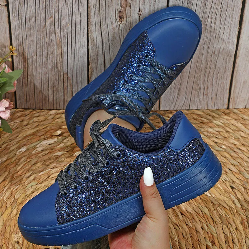 Glitter sequin thick-soled lace-up flats shoes for women in black, blue, pink, rose red, or silver with round toe and low upper