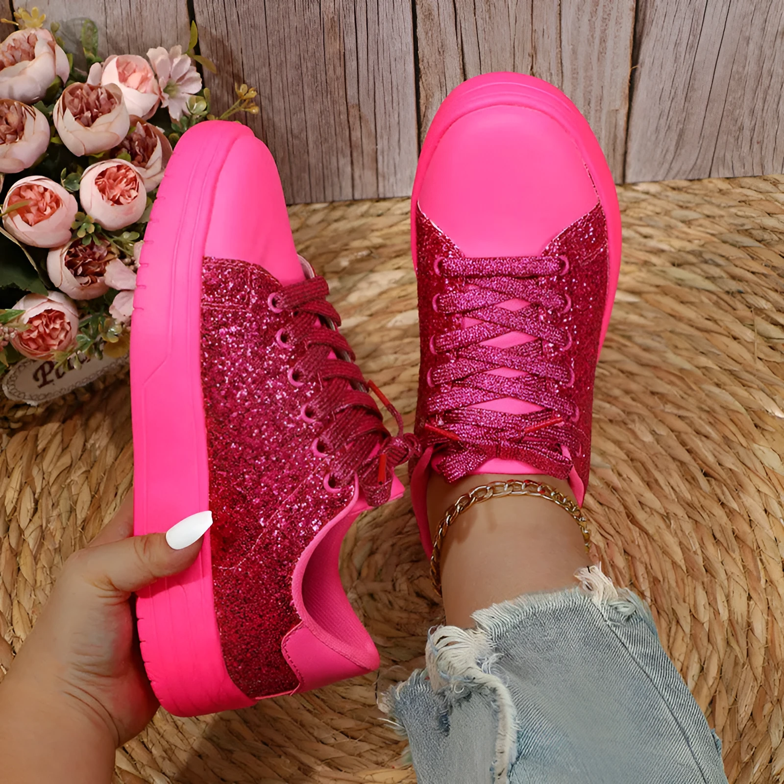 Glitter sequin thick-soled lace-up flats shoes for women in black, blue, pink, rose red, or silver with round toe and low upper