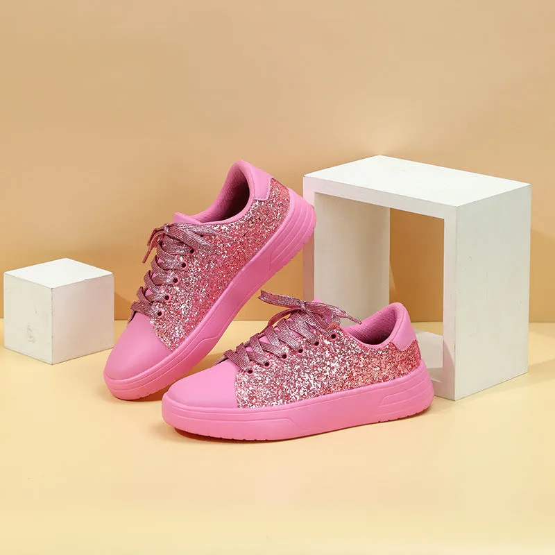 Glitter sequin thick-soled lace-up flats shoes for women in black, blue, pink, rose red, or silver with round toe and low upper