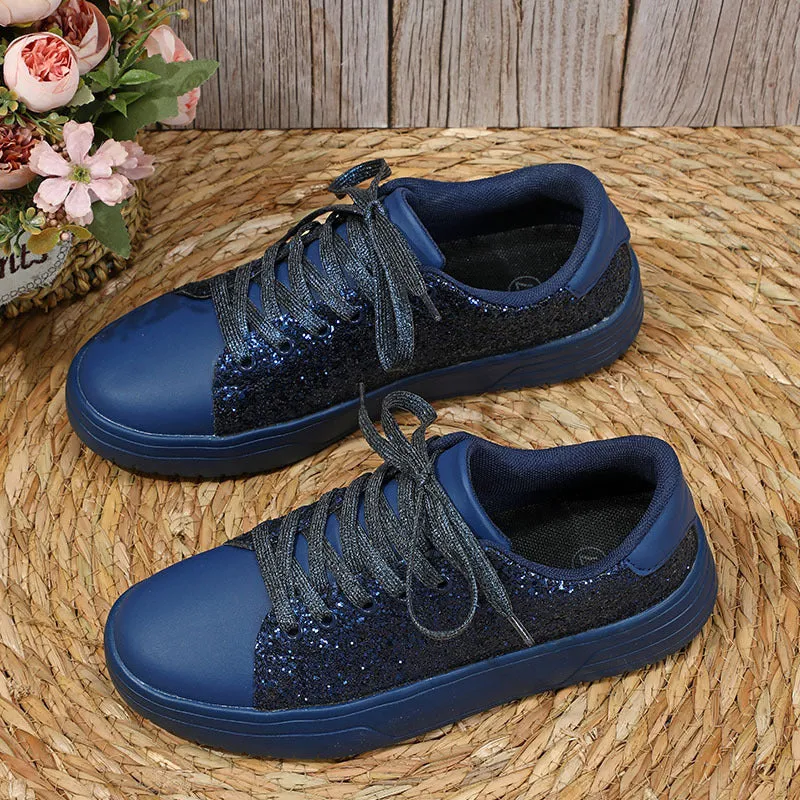 Glitter sequin thick-soled lace-up flats shoes for women in black, blue, pink, rose red, or silver with round toe and low upper