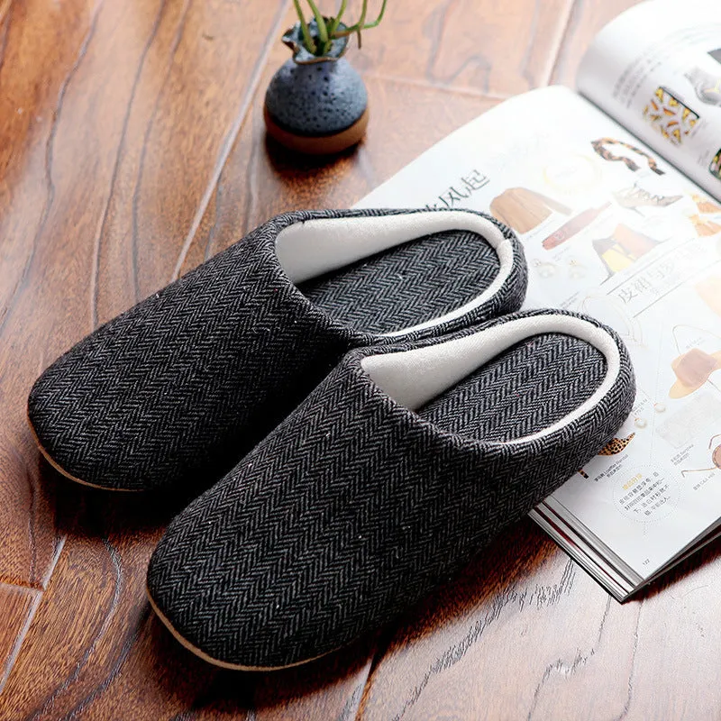 Men's black cotton indoor slippers with soft anti-skid sole, autumn season, size 280mm