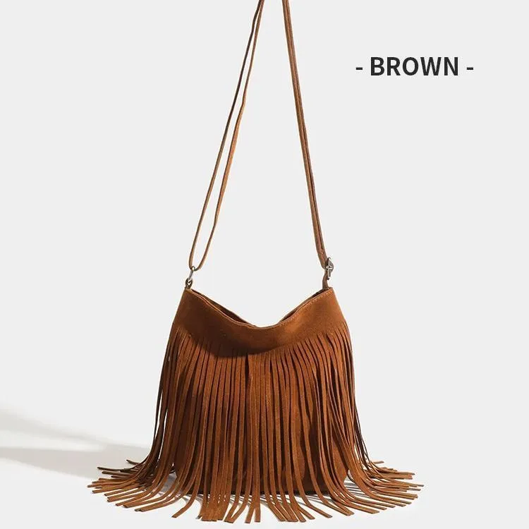 Canvas shoulder bag with tassel decoration in literary style, square vertical shape, available in multiple colours