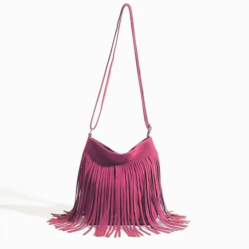 Canvas shoulder bag with tassel decoration in literary style, square vertical shape, available in multiple colours