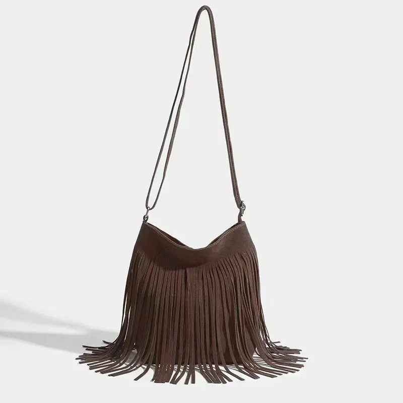 Canvas shoulder bag with tassel decoration in literary style, square vertical shape, available in multiple colours
