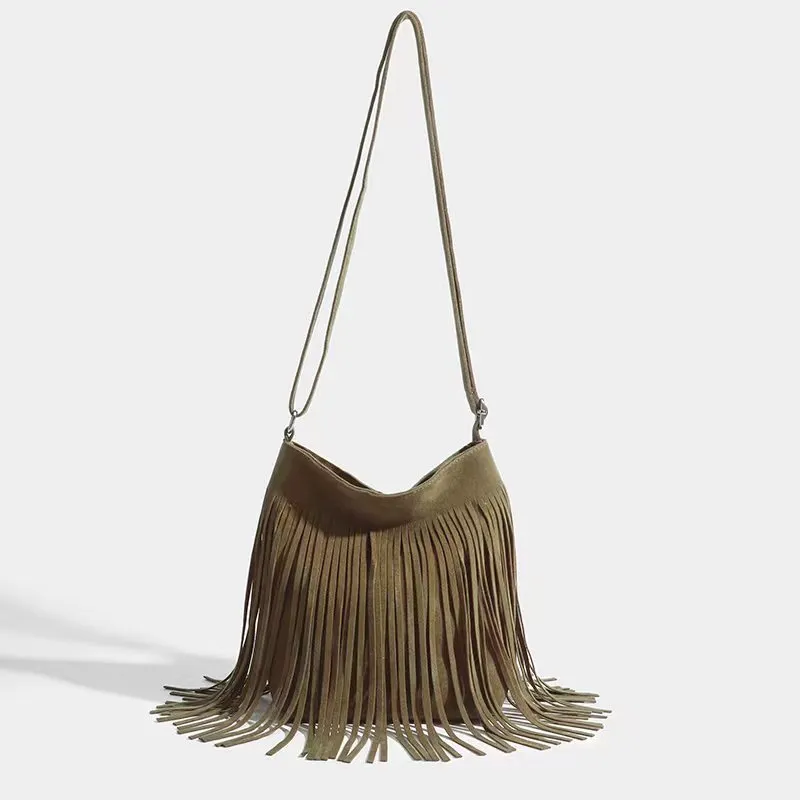 Canvas shoulder bag with tassel decoration in literary style, square vertical shape, available in multiple colours