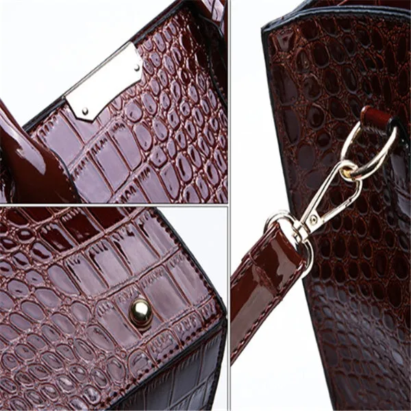 Women's solid colour diagonal cross body stone tote bag in black, 25x29x10cm, PU fabric with crocodile pattern