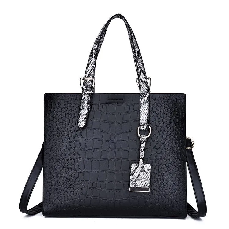 Women's solid colour diagonal cross body stone tote bag in black, 25x29x10cm, PU fabric with crocodile pattern