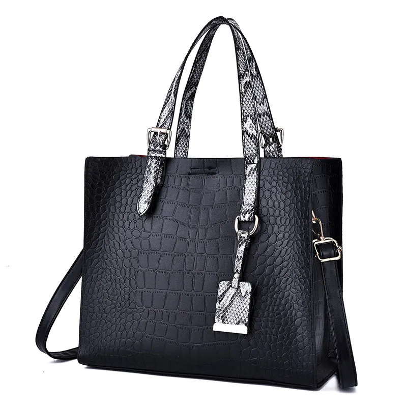 Women's solid colour diagonal cross body stone tote bag in black, 25x29x10cm, PU fabric with crocodile pattern