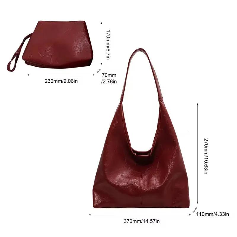 Women's large capacity PU shoulder tote bag in brown with sewing line detail and single strap