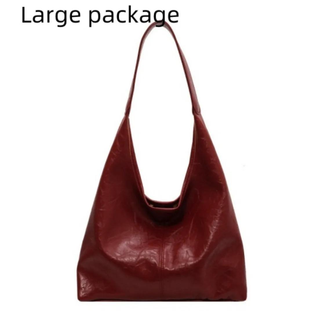 Women's large capacity PU shoulder tote bag in brown with sewing line detail and single strap
