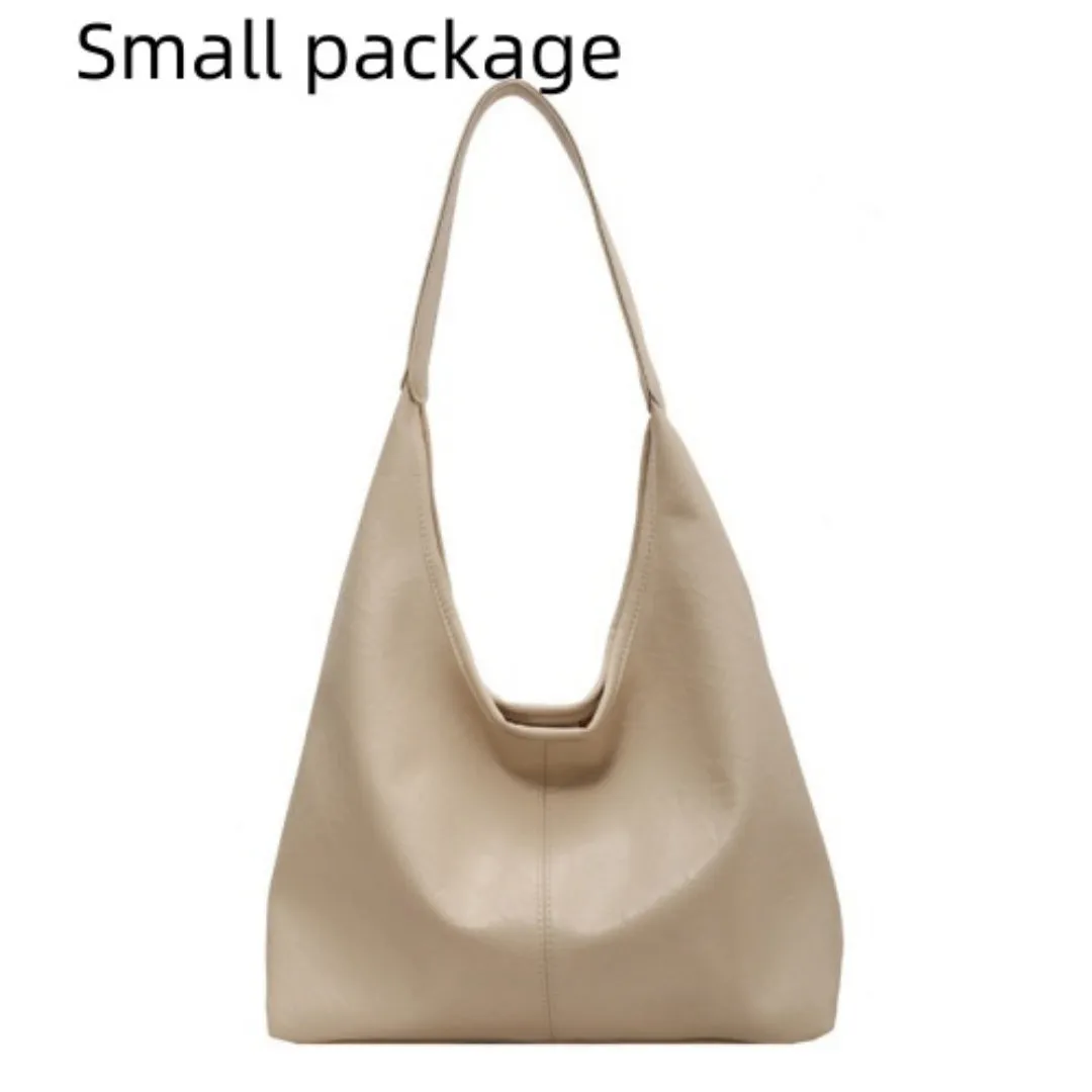Women's large capacity PU shoulder tote bag in brown with sewing line detail and single strap