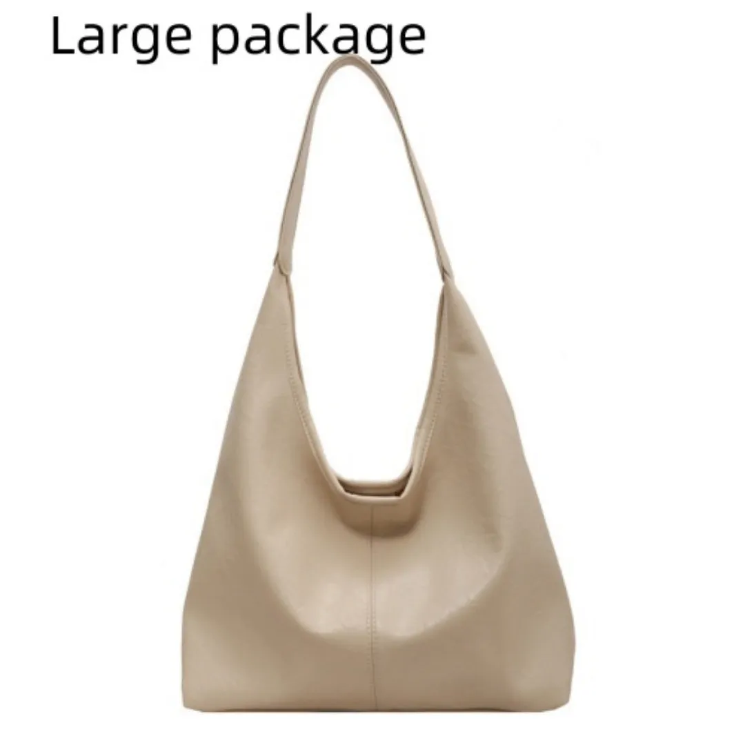 Women's large capacity PU shoulder tote bag in brown with sewing line detail and single strap
