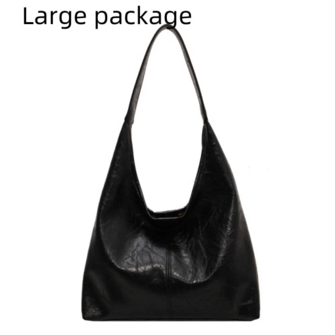 Women's large capacity PU shoulder tote bag in brown with sewing line detail and single strap