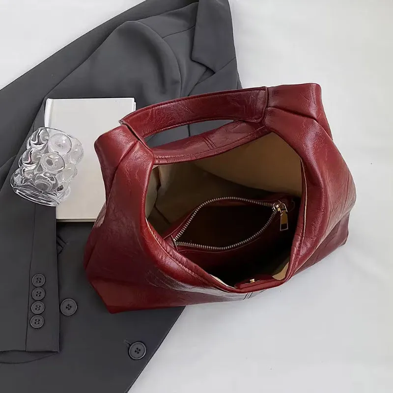 Women's large capacity PU shoulder tote bag in brown with sewing line detail and single strap