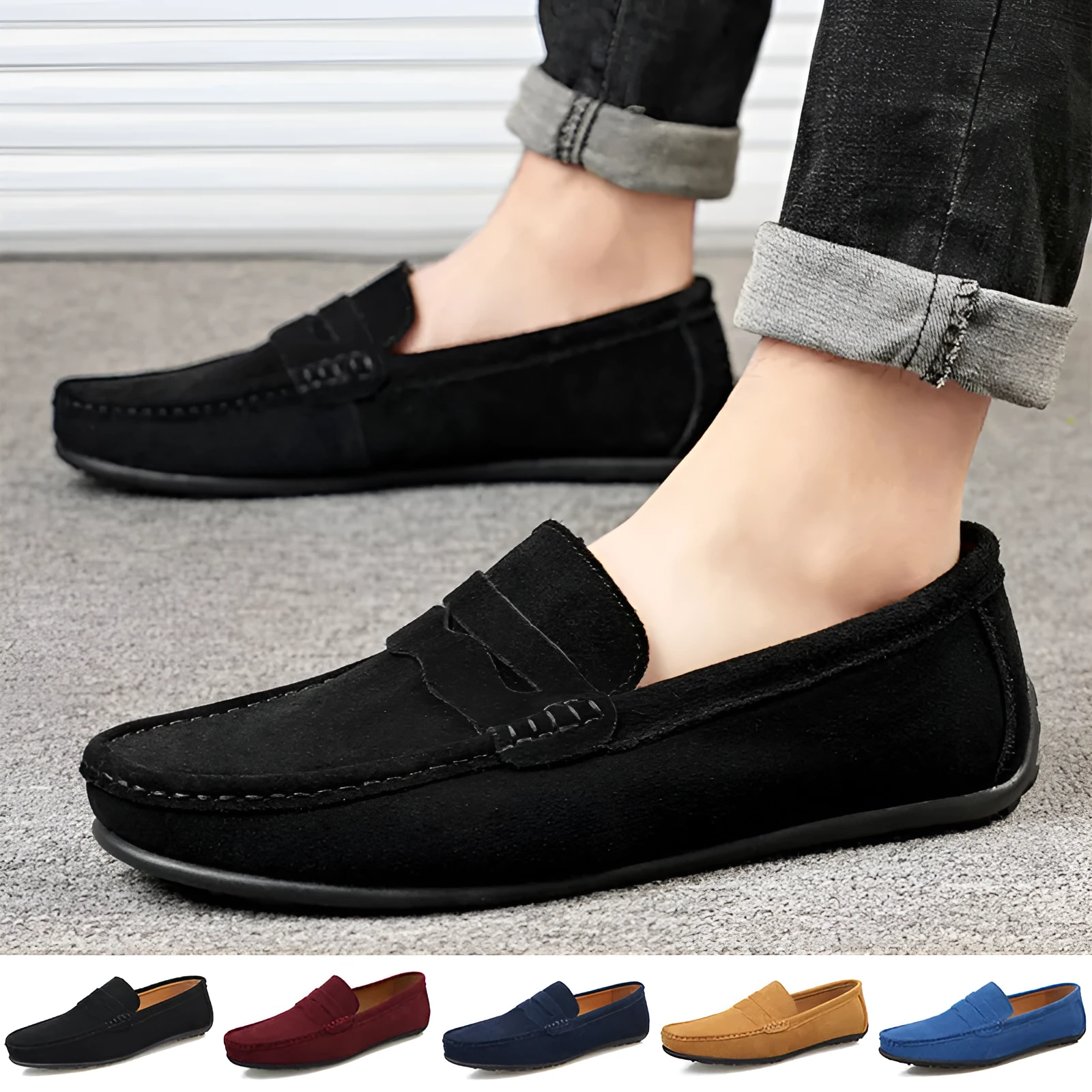Men's suede loafers slip-on casual shoes in multiple colours with round toe