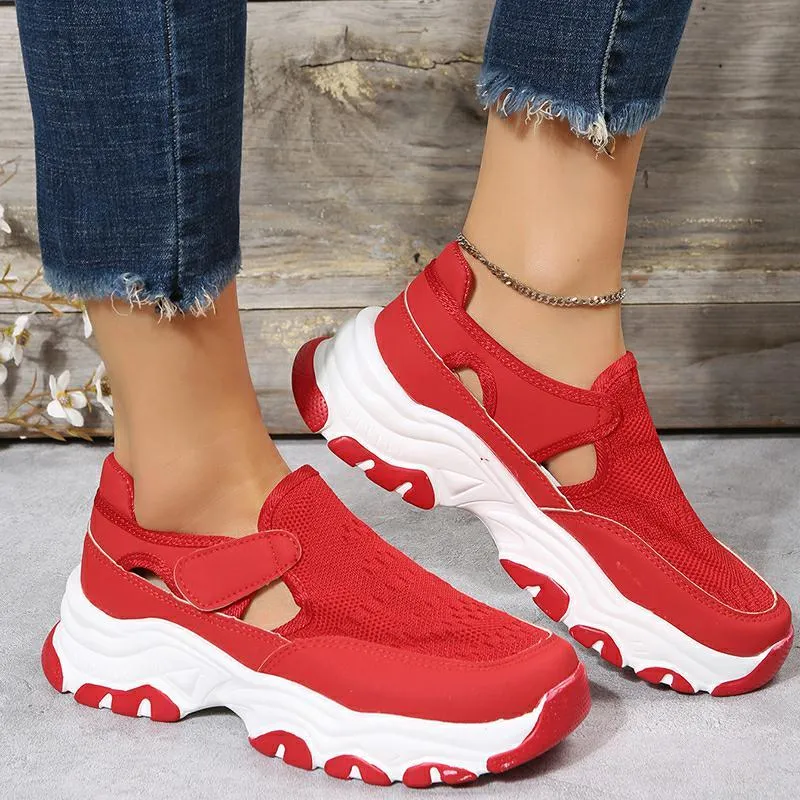 Women's mesh sport shoes with flat heel, round toe, Velcro fastening, and breathable mesh upper in solid colour
