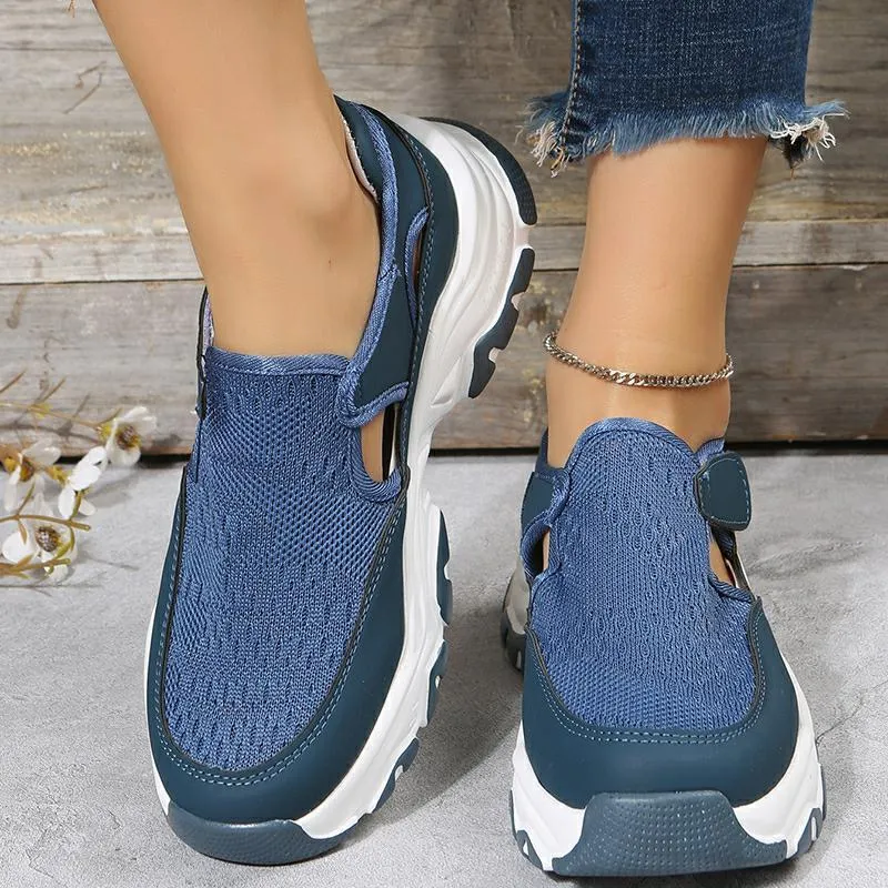 Women's mesh sport shoes with flat heel, round toe, Velcro fastening, and breathable mesh upper in solid colour