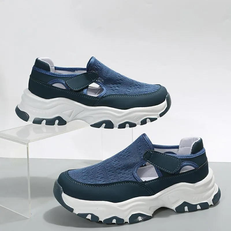 Women's mesh sport shoes with flat heel, round toe, Velcro fastening, and breathable mesh upper in solid colour