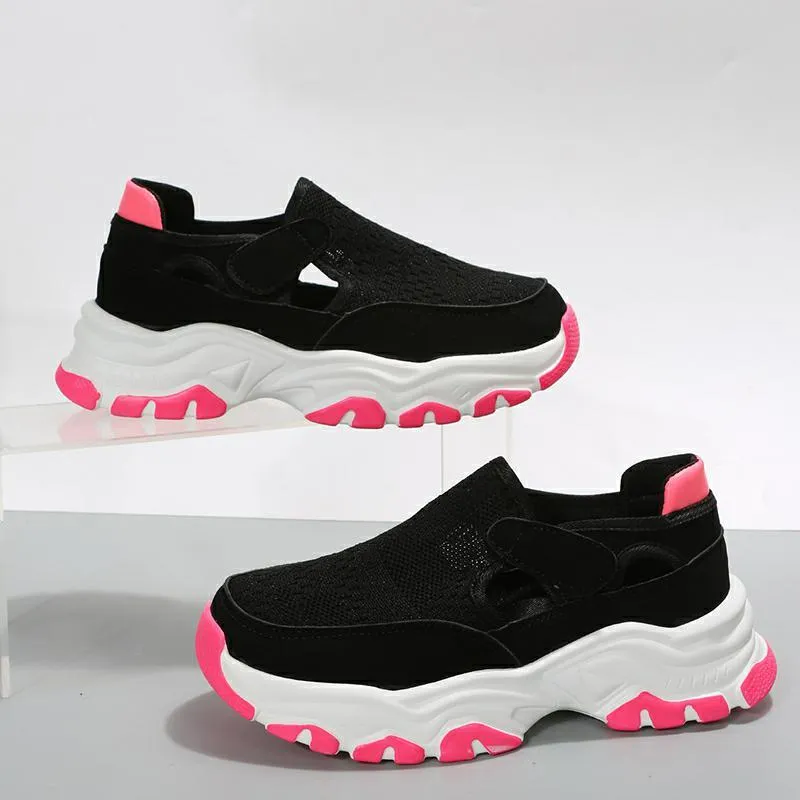 Women's mesh sport shoes with flat heel, round toe, Velcro fastening, and breathable mesh upper in solid colour