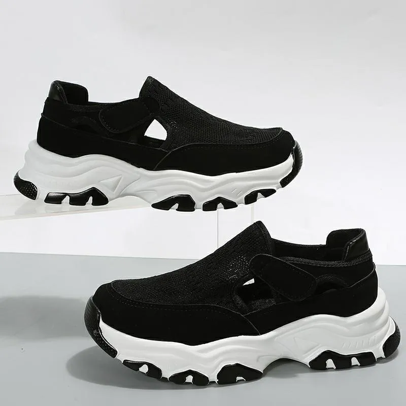 Women's mesh sport shoes with flat heel, round toe, Velcro fastening, and breathable mesh upper in solid colour