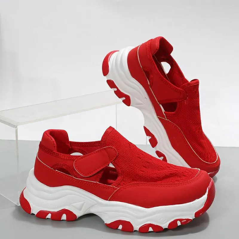 Women's mesh sport shoes with flat heel, round toe, Velcro fastening, and breathable mesh upper in solid colour