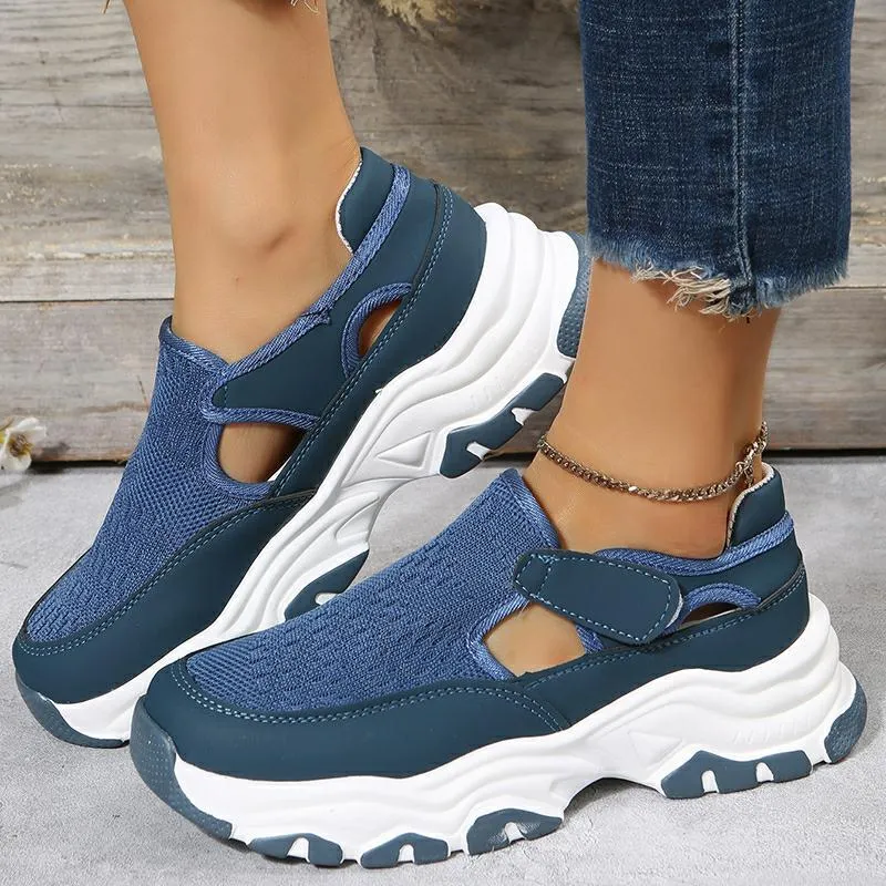 Women's mesh sport shoes with flat heel, round toe, Velcro fastening, and breathable mesh upper in solid colour