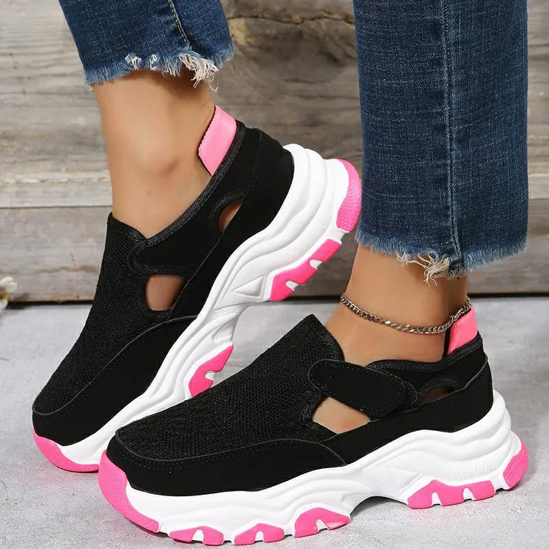 Women's mesh sport shoes with flat heel, round toe, Velcro fastening, and breathable mesh upper in solid colour