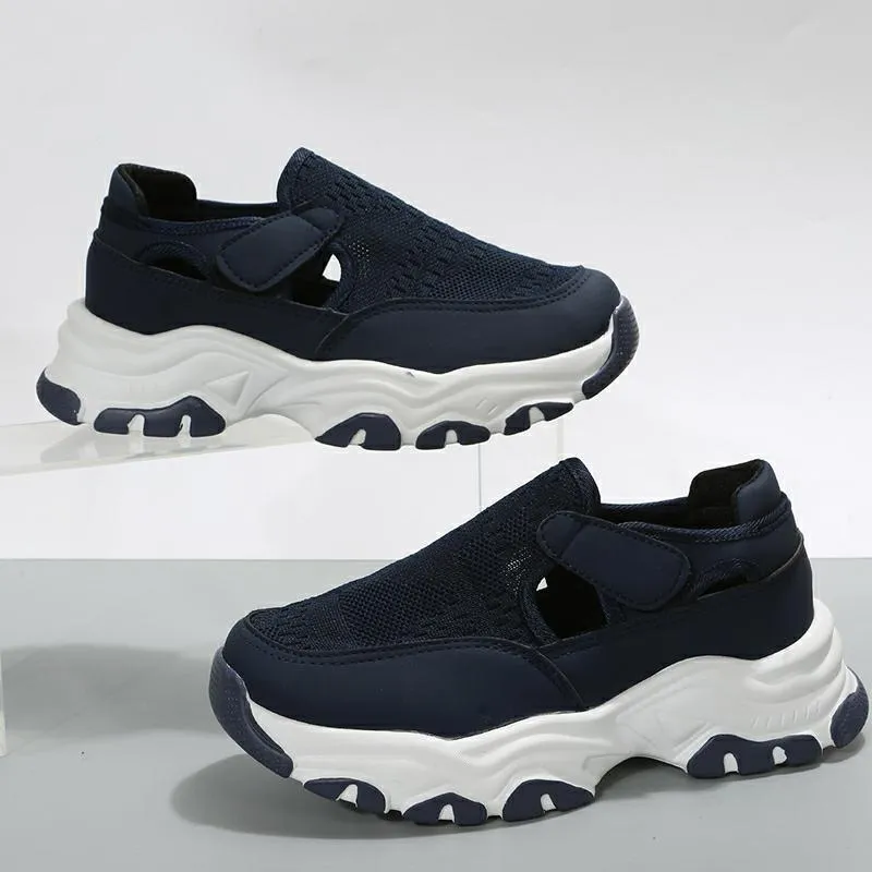 Women's mesh sport shoes with flat heel, round toe, Velcro fastening, and breathable mesh upper in solid colour