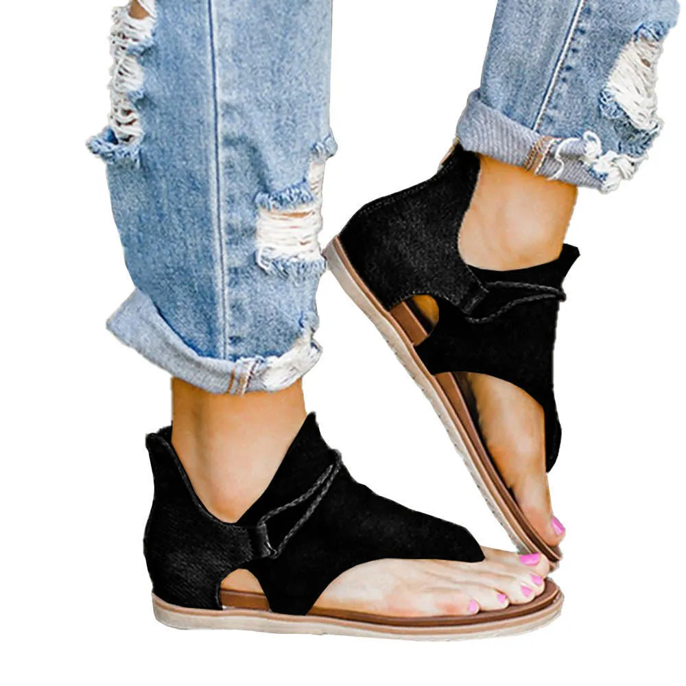 Women's flat cushioned sandals with synthetic upper and rubber outsole in multiple colour options