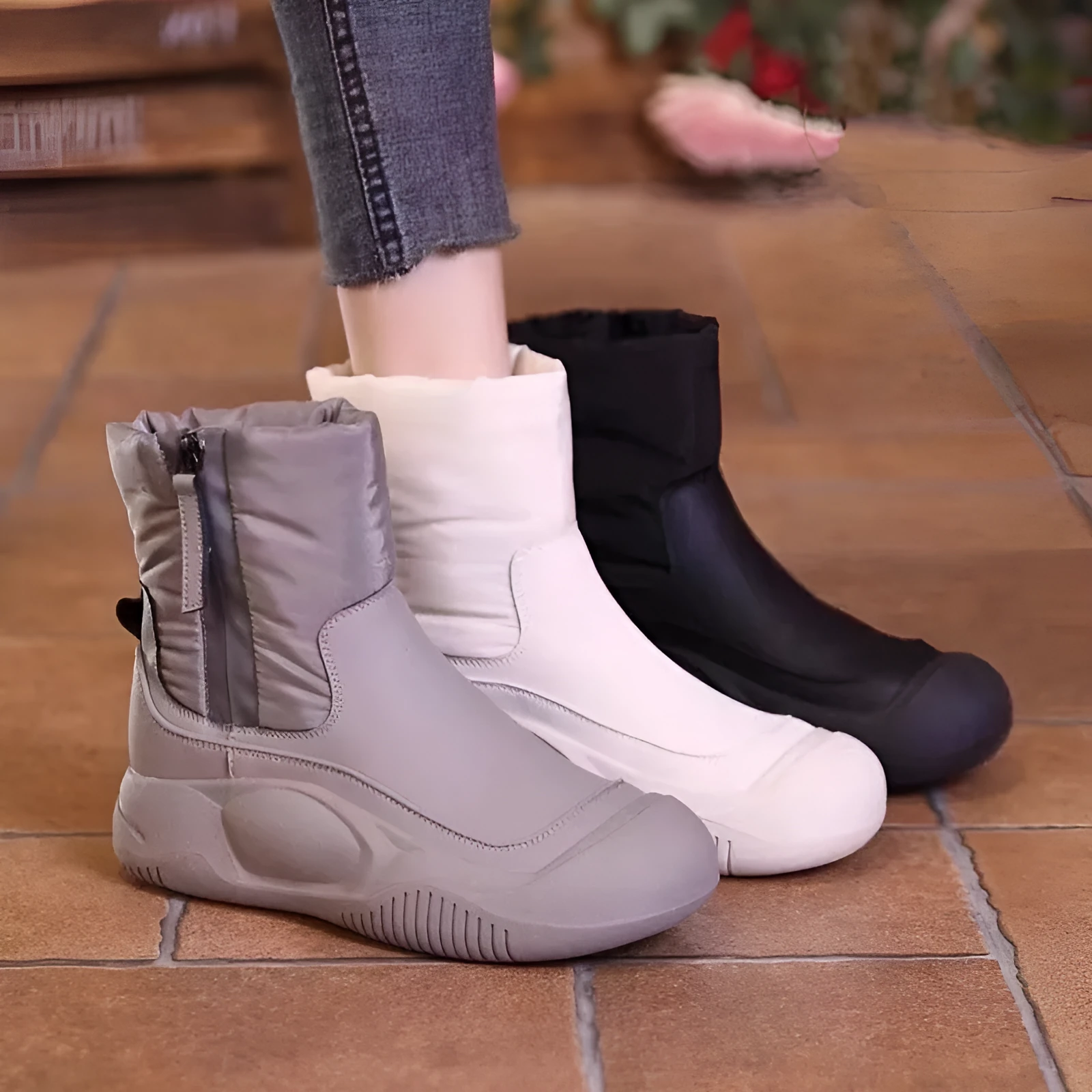 Winter plush snow boots for women side zipper non-slip thick sole waterproof suede upper grey white black sizes 36 to 41