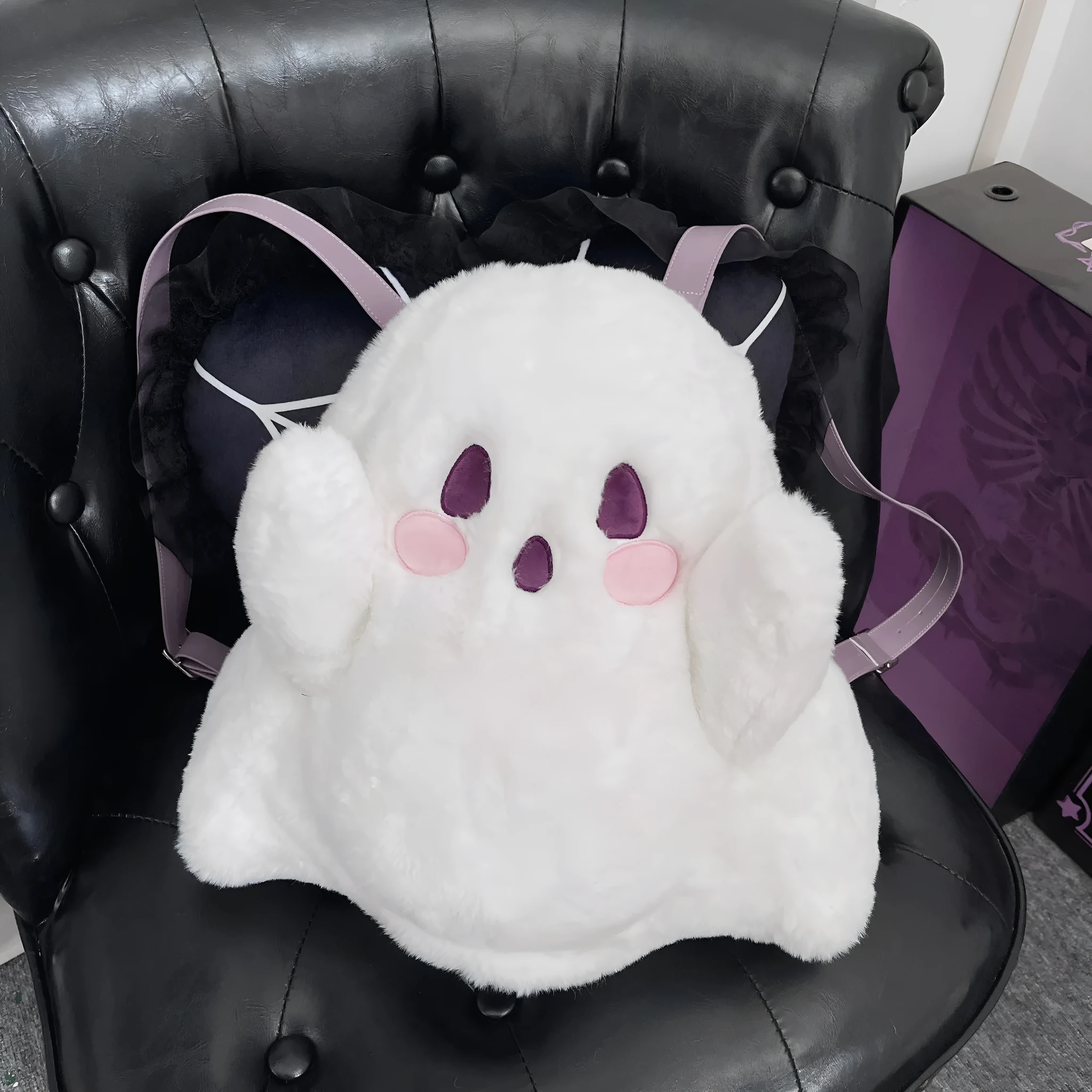 Cute ghost cartoon backpack in milky white plush with double straps and sandwich pocket