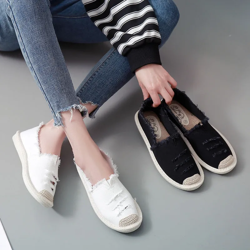 Canvas fisherman shoes for women, black slip-on flat heel low-top with rubber sole