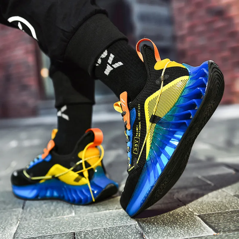 Luminous men's casual running shoes in black green with flying fabric upper and flat heel