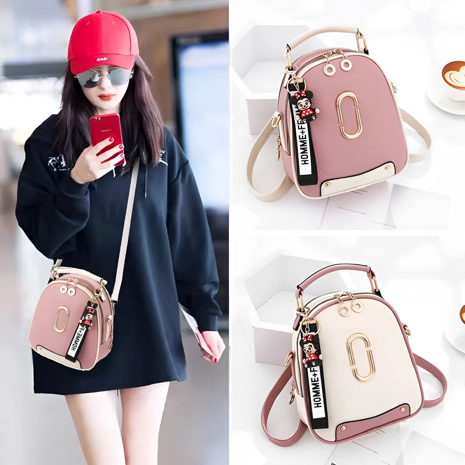 Fashion backpack for women in PU leather oval shape with double shoulder straps and car suture detail