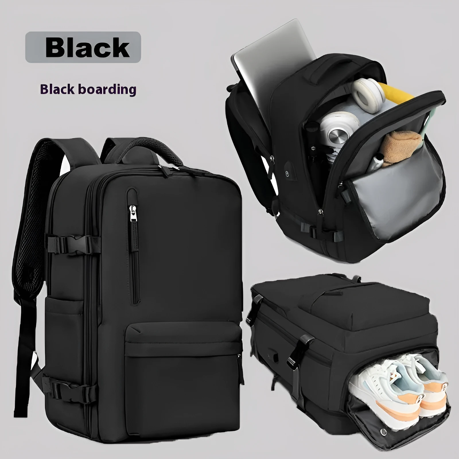 Large waterproof oxford cloth travel backpack with curved shoulder straps in light grey colour
